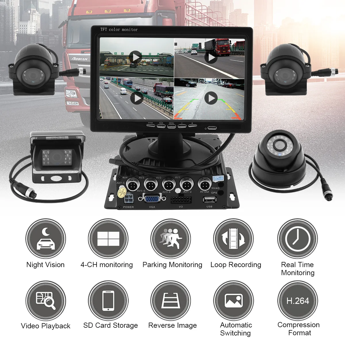 7 Inch Quad Split Screen Monitor 4x Side Rear View CCD Camera System support Truck RV split side tee