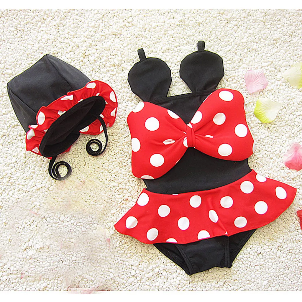 

Child Baby Kids Girl Minnie One Piece Swimsuit Polka Dot Cartoon big Bow Swimwear+hat Bikini Bathing Suit girls Clothes 2Set