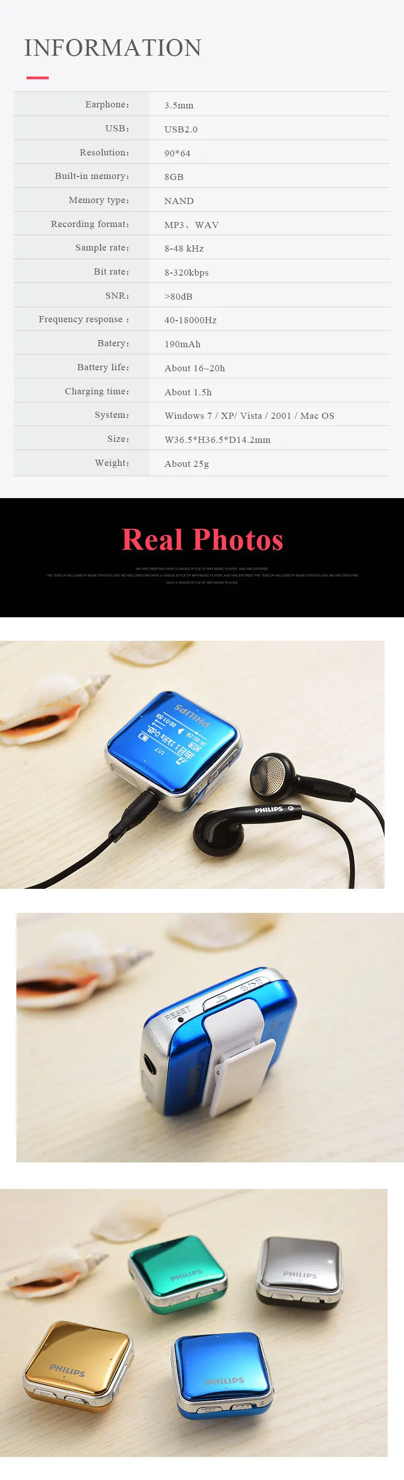 mp3 player bluetooth Philips Original MP3 Player 8GB Music With FM Radio Sport Clip Portable MP3 FLAC USB Cable Fashion Type SA2208 best mp3 player