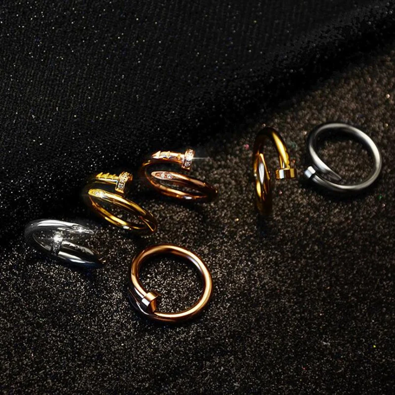 Luomansi Hot Fashion Silk Nail Titanium Steel Rings For Women Luxurious Rose Gold Zircon Couple Ring Wedding Jewelry Wholesale