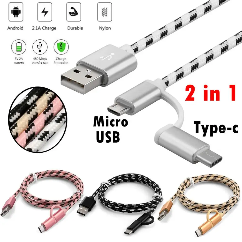 

1M Micro USB / Type-C 3.1 to USB 2.0 Braided Fast Data Charger Cable For Samaung s3 s7 s8 s9 s10 For huawei p30 For xiaomi m9