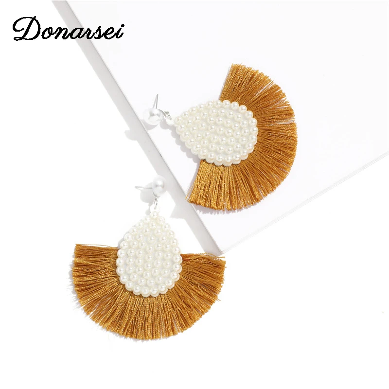 

Donarsei 2019 New Fashion Sector Pearl Tassel Earrings For Women Ethnic Handmade Beads Water Drop Dangle Earrings Boho Jewelry