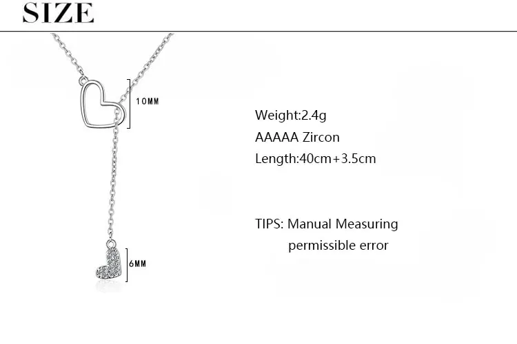 Anenjery Zircon Double Love Heart Adjustable Short Sweater Chain Necklace For Women 925 Sterling Silver Necklace S-N323