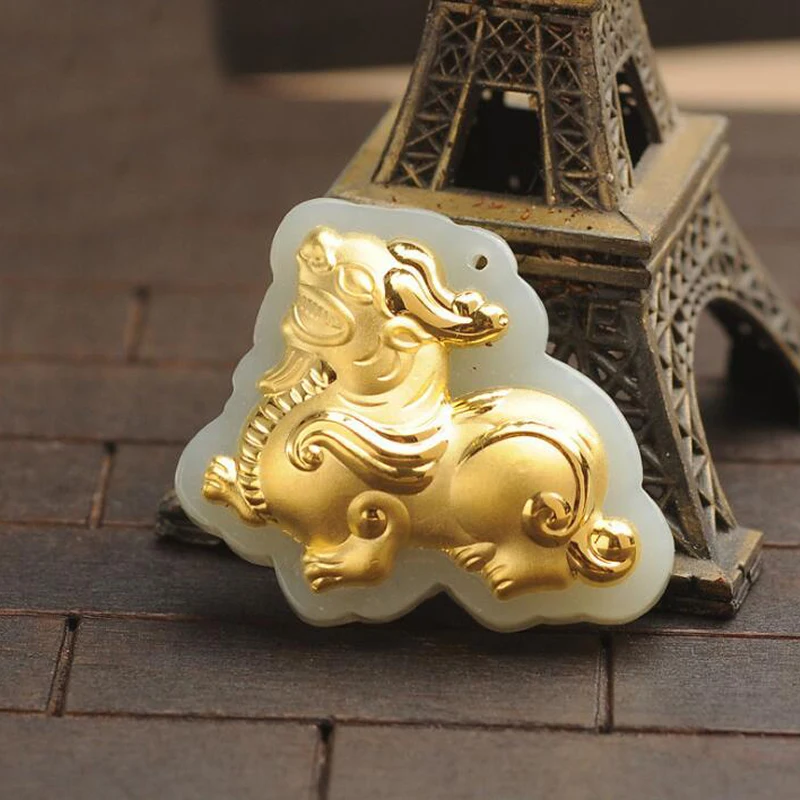 

Pure 24K Yellow Gold 100% Natural A Grade Jadeite Carved Dragon Son Pixiu Pendant