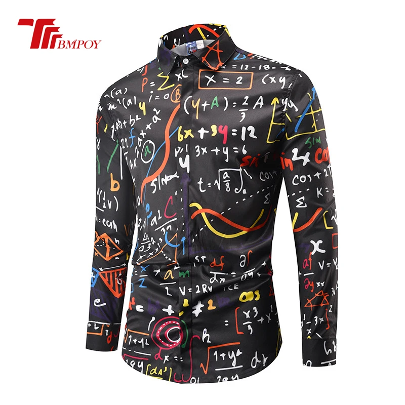 High Quality Men Shirt Long Sleeve Loose fit Equation Print Turn-down Collar camisas Large Size Dress Shirts