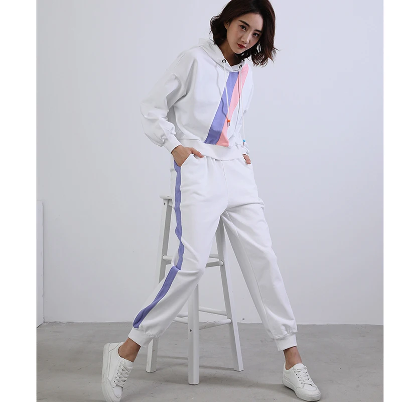 New 2pcs Set Hoodies Loose Hooded Tops Women Clothing Suits Female Tracksuit Stripes 2 Pieces Sets