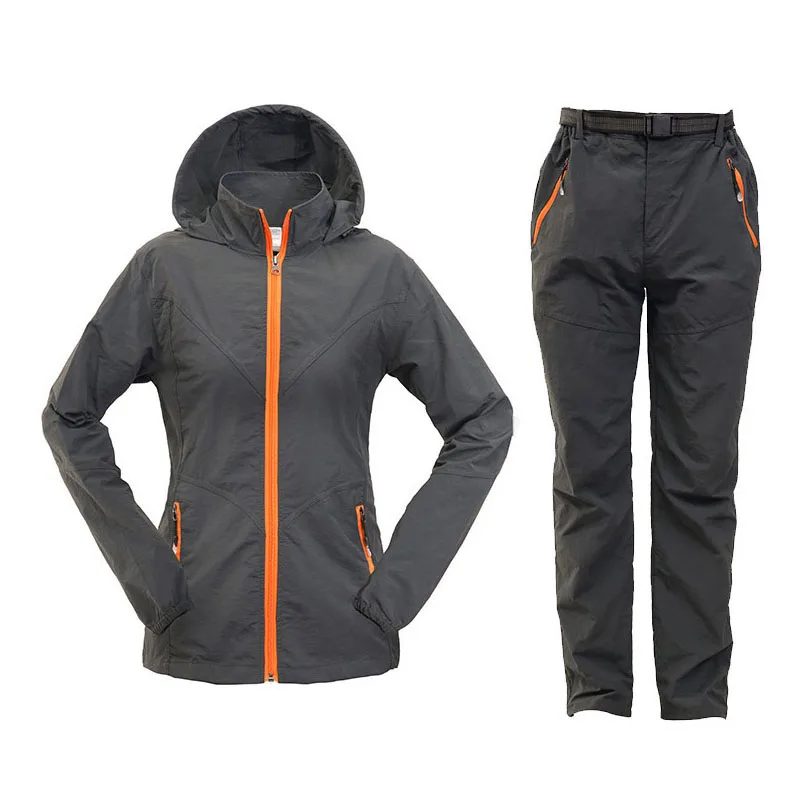Комплект одежды для кемпинга, походов, для спорта на открытом воздухе, для мужчин и женщин, летний спортивный костюм, куртки с капюшоном, штаны, Быстросохнущий дышащий комплект ST01 - Цвет: Women Gray