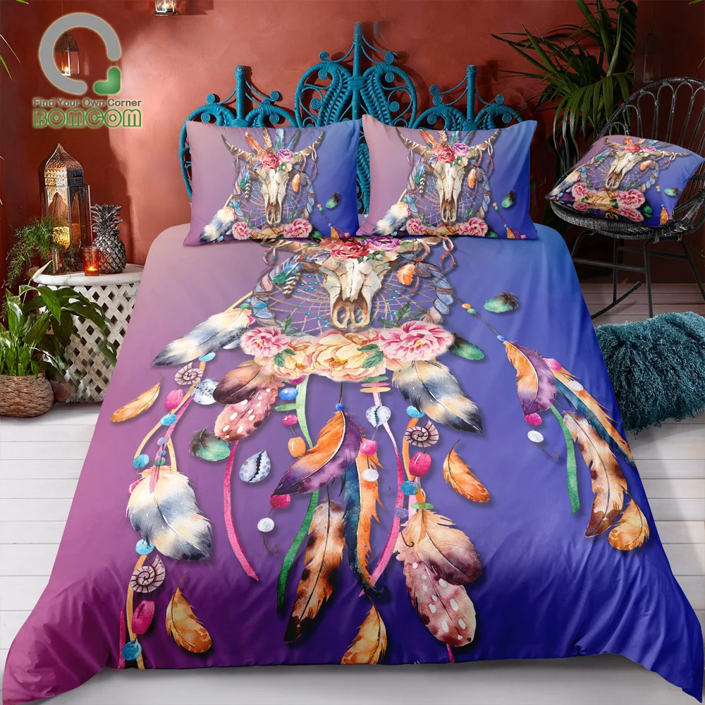 

BOMCOM 3D Digital Printing Bedding Set Bull Skull Dreamcatcher Flowers Boho Feathers 3-Pieces Duvet Cover Sets 100% Microfiber