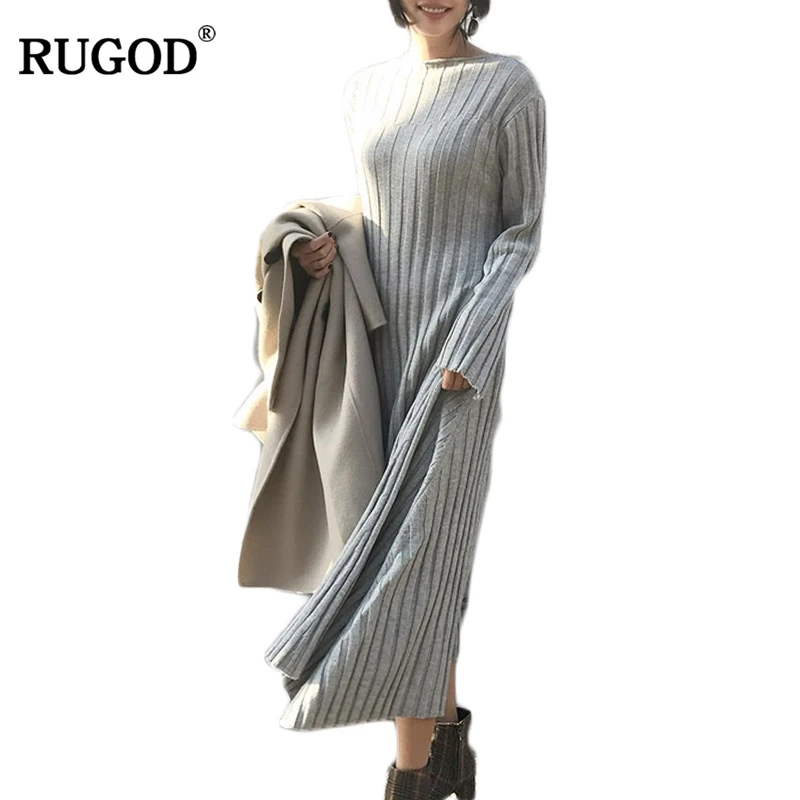 

RUGOD 2018 Women casual Sweater Dress Spring Winter Fashion o Neck Bodycon Basic long Solid Color Knitted Dress Pullover