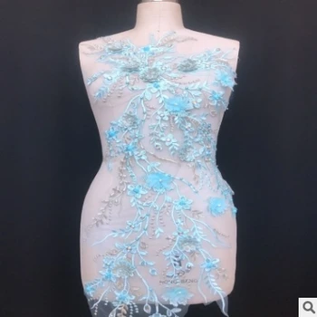 

Sky blue Beaded Rhinestone Three-dimensional flower Piece Large lace Embroidery lace Accessories Clothing Decoration decal
