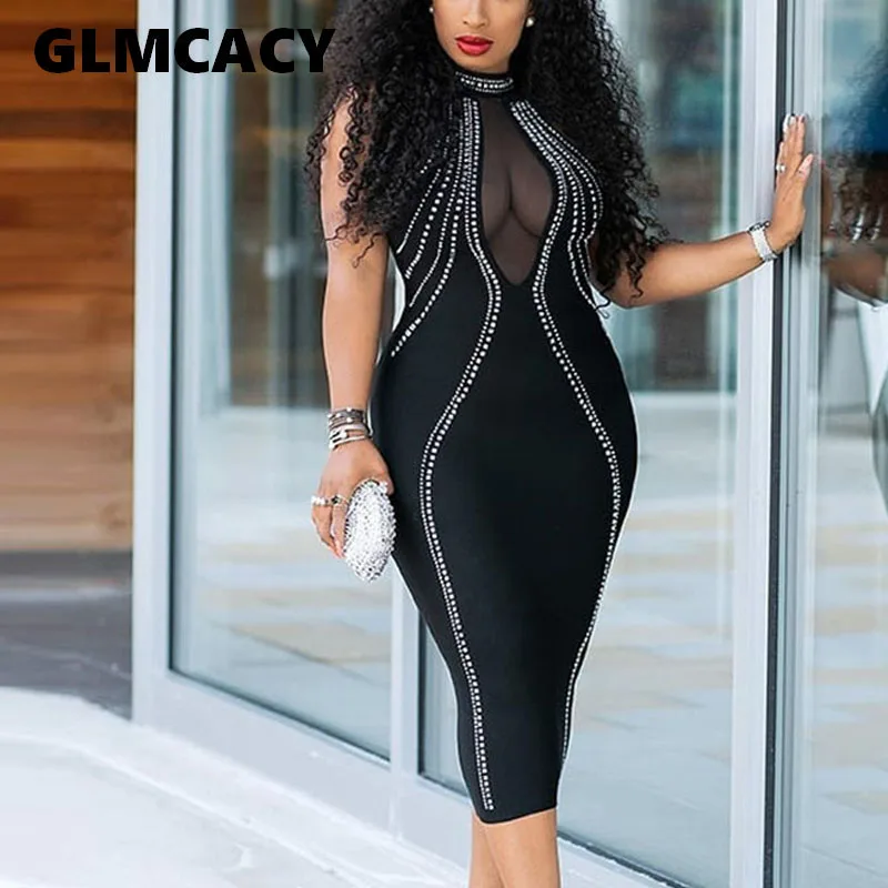 

Women Summer Sleeveless Bodycon Dress Mesh Insert Open Back Sexy Night Club Party Midi Dress Formal Elegant Evening Vestidos