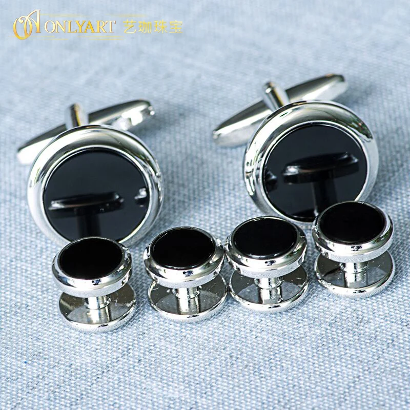 OnlyArt french cuff 6pcs wedding stud real black onyx round tuxedo