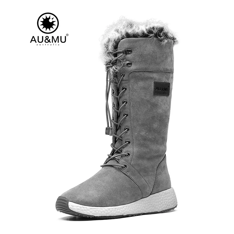 

2018 AUMU Australia Women Fashion Fur Mid Calf Sheepskin Lace Up Suede Fretwork Winter Snow Boots NY732