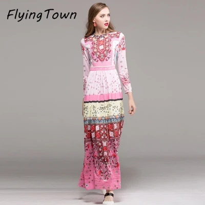 FlyingTown 2017 autumn designer fashion women runway dress long sleeve floral print vintage pleated pink maxi female party dress long-floral-maxi : image FlyingTown 2017 autumn designer fashion women runway dress long sleeve floral print vintage pleated pink maxi female party dress long-floral-maxi
