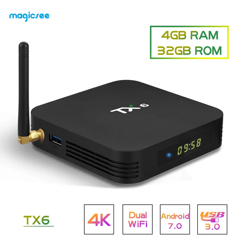 Magicsee TX6 Smart Android 9,0 ТВ коробка 4 г 32 Allwinner H6 ядра 2,4 + 5 Двойной Wi Fi BT 4,1 Декодер каналов кабельного телевидения к HD медиаплеер