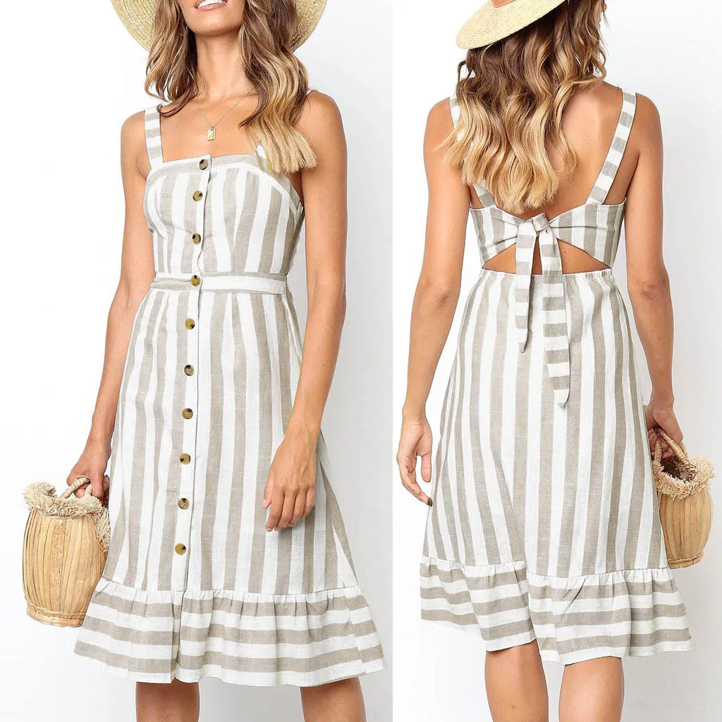 

2019 Summer Sexy Off Shoulder Floral Print Fashion Womens Button Camis Backless Hollow Out Bow Bandage Stripe Long Dress #5