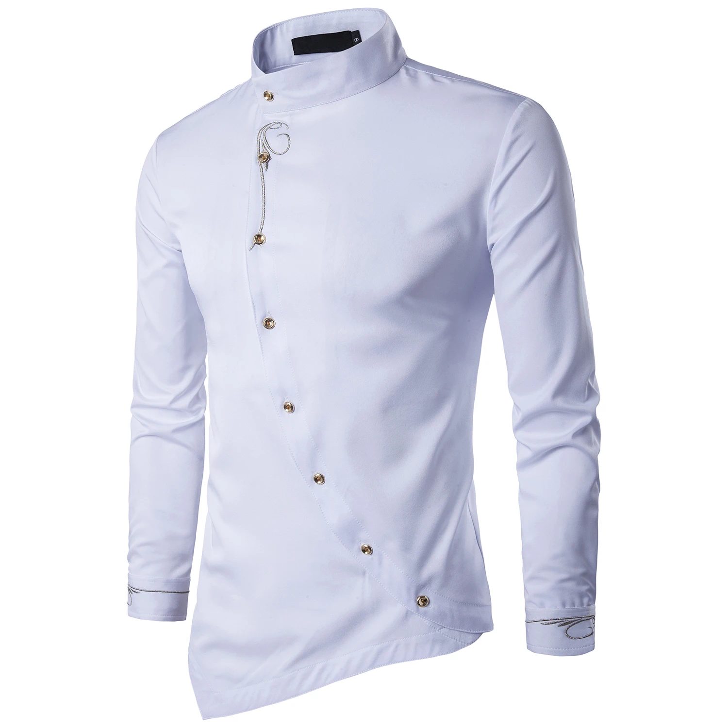 Модная мужская рубашка, брендовая, с косой пуговицей, воротник-стойка, мужской смокинг, с длинным рукавом, рубашки для мужчин, большой размер 2XL - Цвет: Белый