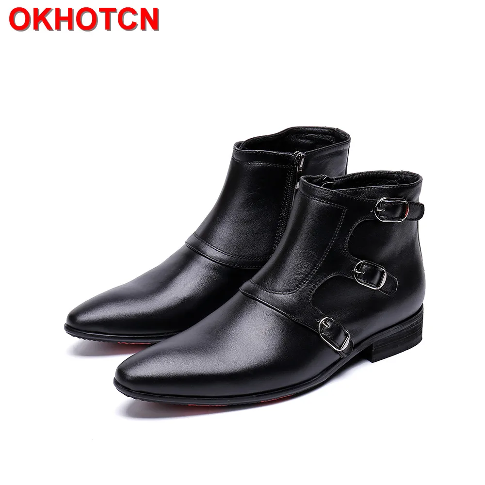 Genuine-Leather-Mens-Boots-Black-Pointed-Toe-Buckle-Man-Boots-Shoes ...