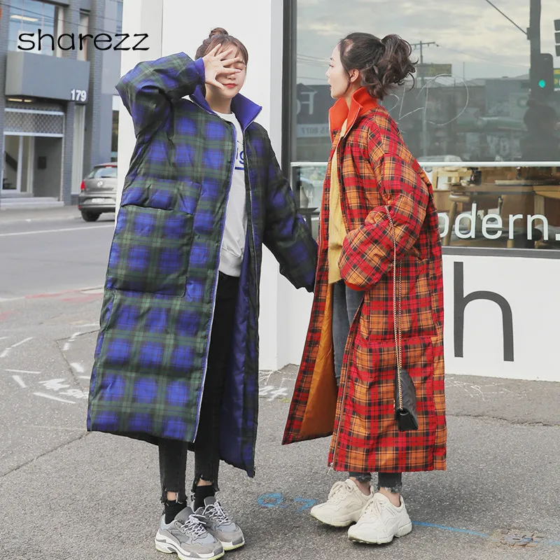 

Long Down Cotton Jacket Coat 2019 Winter New Parkas Womens Thicken Warm Down Cotton Coats Female Standing Collar Lattice Jackets