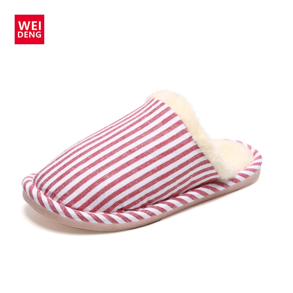 

WeiDeng Winter Women Men Cotton Slippers Keep Warm Comfortable Wearable Shoes Striped Soft Bottom Home Slippers Four Colors