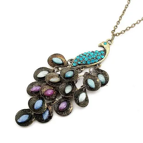 

N048 European Fashion Blue Gem Peacock Feather Design Retro Colorful Necklaces & Pendants Sweater Chain Length 70cm=28inch