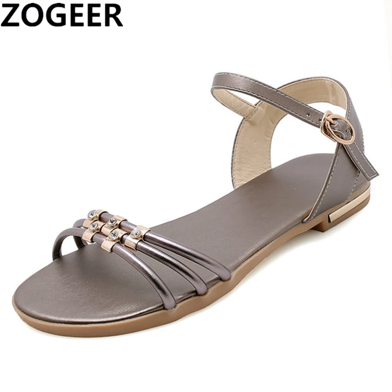 

Plus size 46 New High Quality Genuine Leather Sandals Flat Heels Women Shoes Ladies Solid Color Flat Summer Beach Shoes