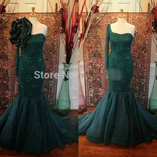Muslim Mermaid Evening Dresses 2016 One Shoulder long Sleeve Women Gowns with Detachable Flower