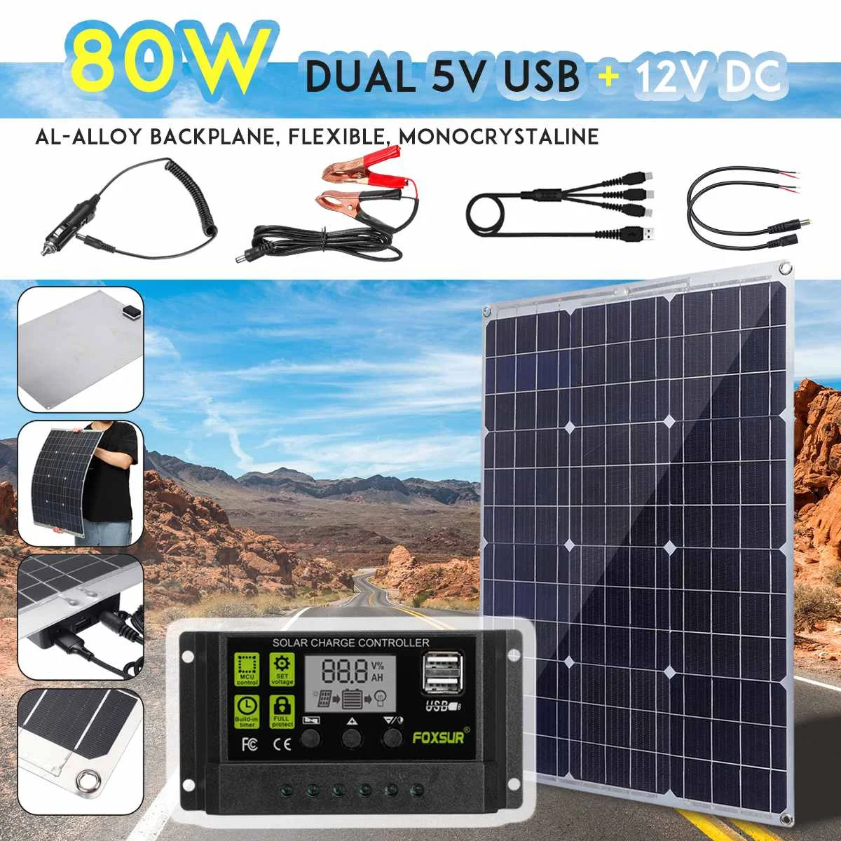 

LEROY 80W Flexible Solar Panel Solar Cells 10/20/30A Dual USB Solar Charge Controller for Car Led light Phone Outdoor Charger