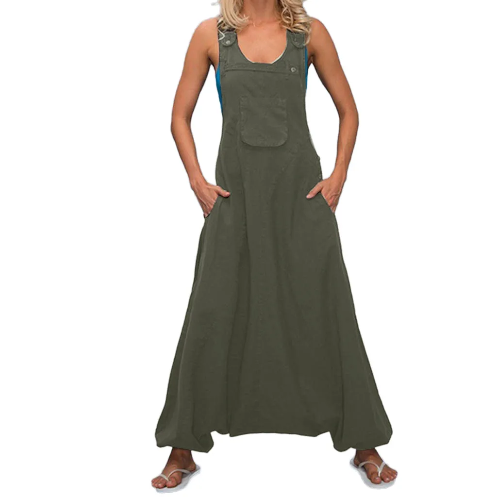 

Overalls For Women Plus Size Women U Neck Sleeveless Loose Backless Side Pockets Baggy Long Jumpsuits Combinaison Femme #T