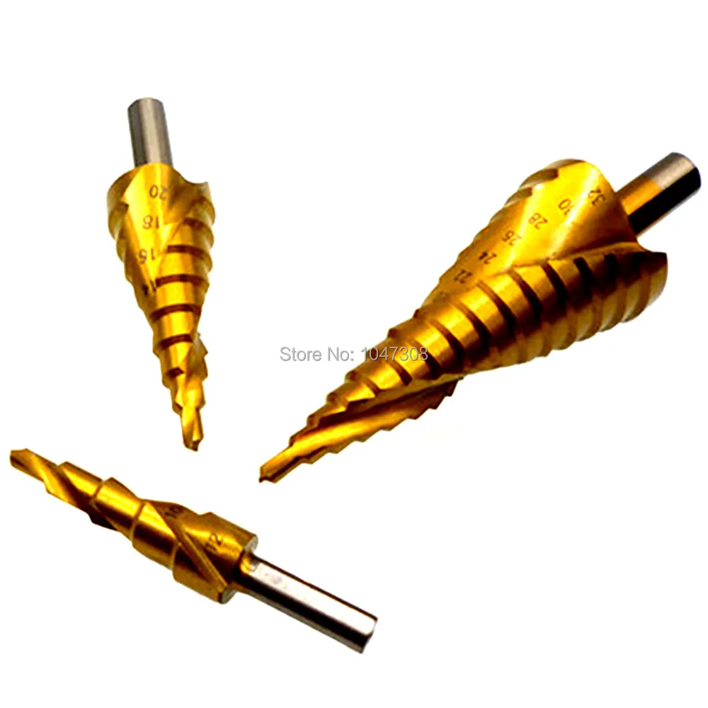 3pcs Titanium Spiral Step Drill Bit Reamer Cone Drill Bit Hole Cutter 4 12mm 4 20mm 4 32mm Steel