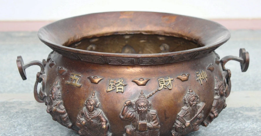 

15" Marked Chinese Temple Bronze Wealth 5 Mammon Statue Incense Burner Censer