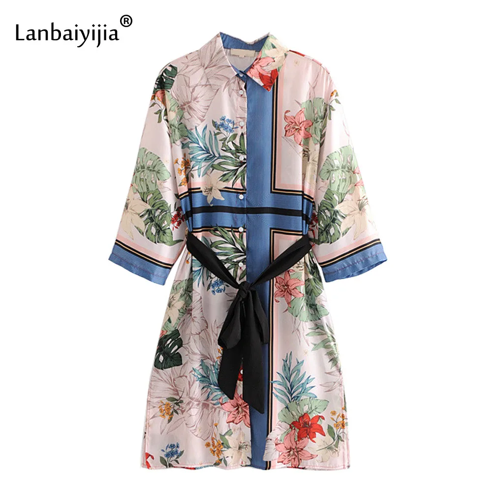 

Lanbaiyijia Newest Flower Leaves print women dress Bowknot Sashes Turn-down Collar Single-breasted Casual Dress Shirts dresses
