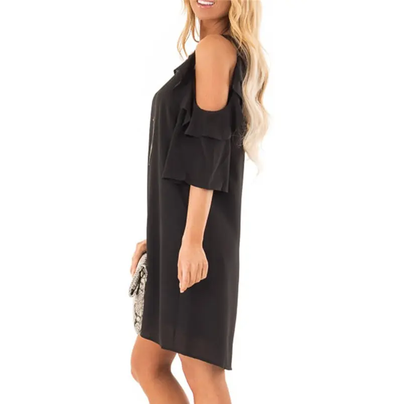 New Women Summer Ladies Strapless Shoulder Ruffle Sleeve Pure Color Summer Dress Elegant Mini Fashion Casual Vestidos #4A30 (18)