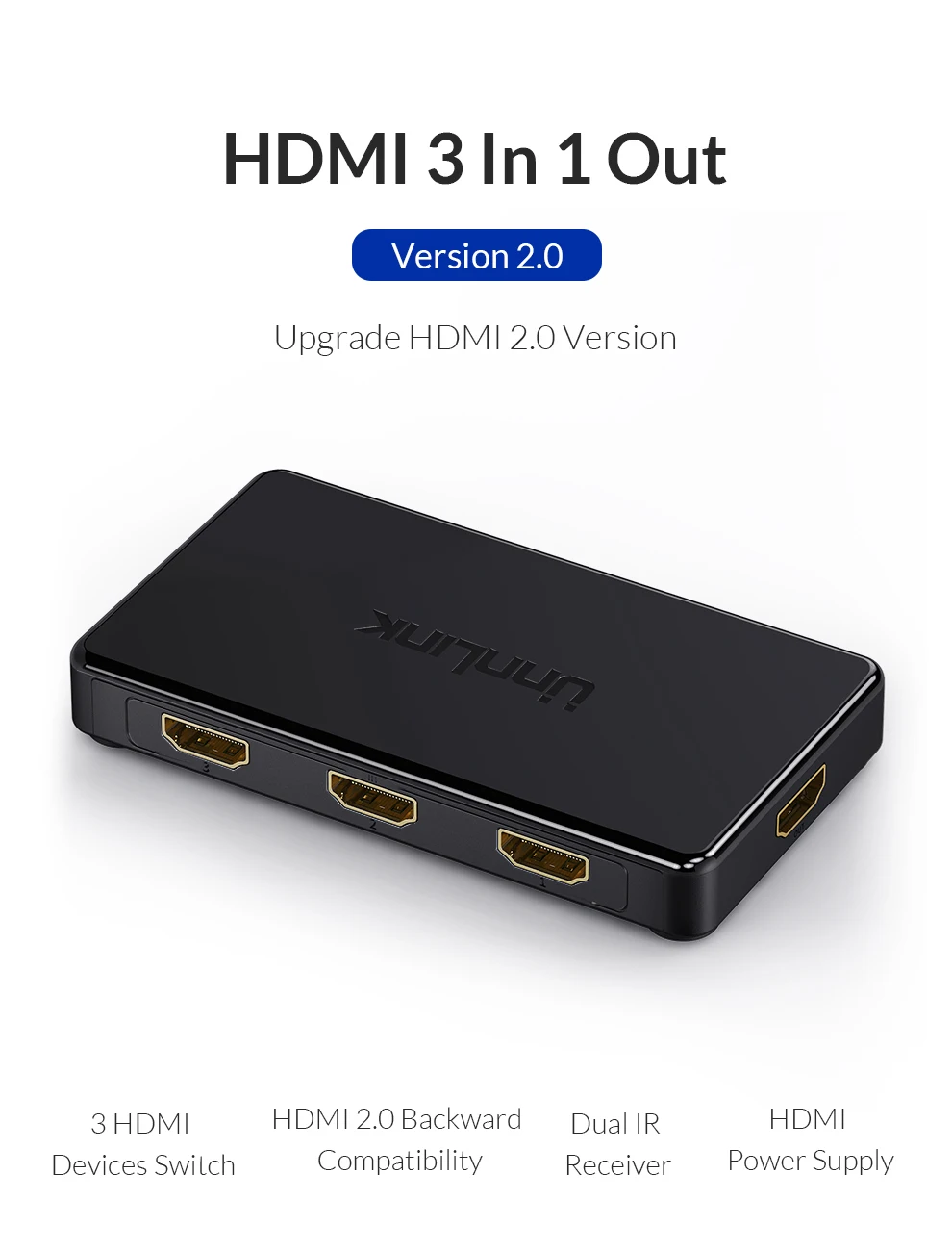 Unnlink HD mi Switch 3x1 5x1 HD mi 2,0 UHD4K@ 60 Гц 4:4:4 HDCP 2,2 HDR 3 в 1 выход для smart tv mi box3 ps4pro xbox one xs проектор