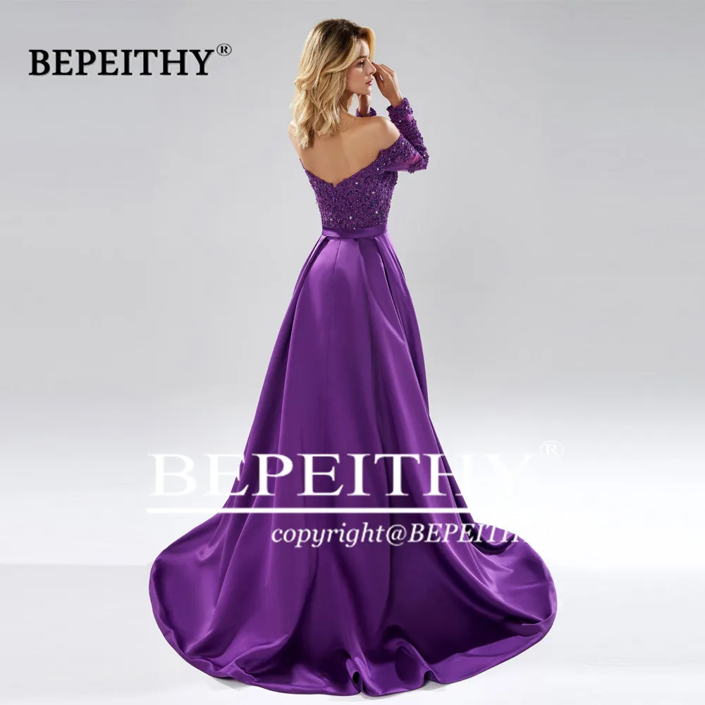 BEPEITHY Robe De Soiree с открытыми плечами длинное вечернее платье трапециевидной формы, вечерние, элегантные,, полный рукав, фиолетовый кружевной лиф, платье для выпускного вечера