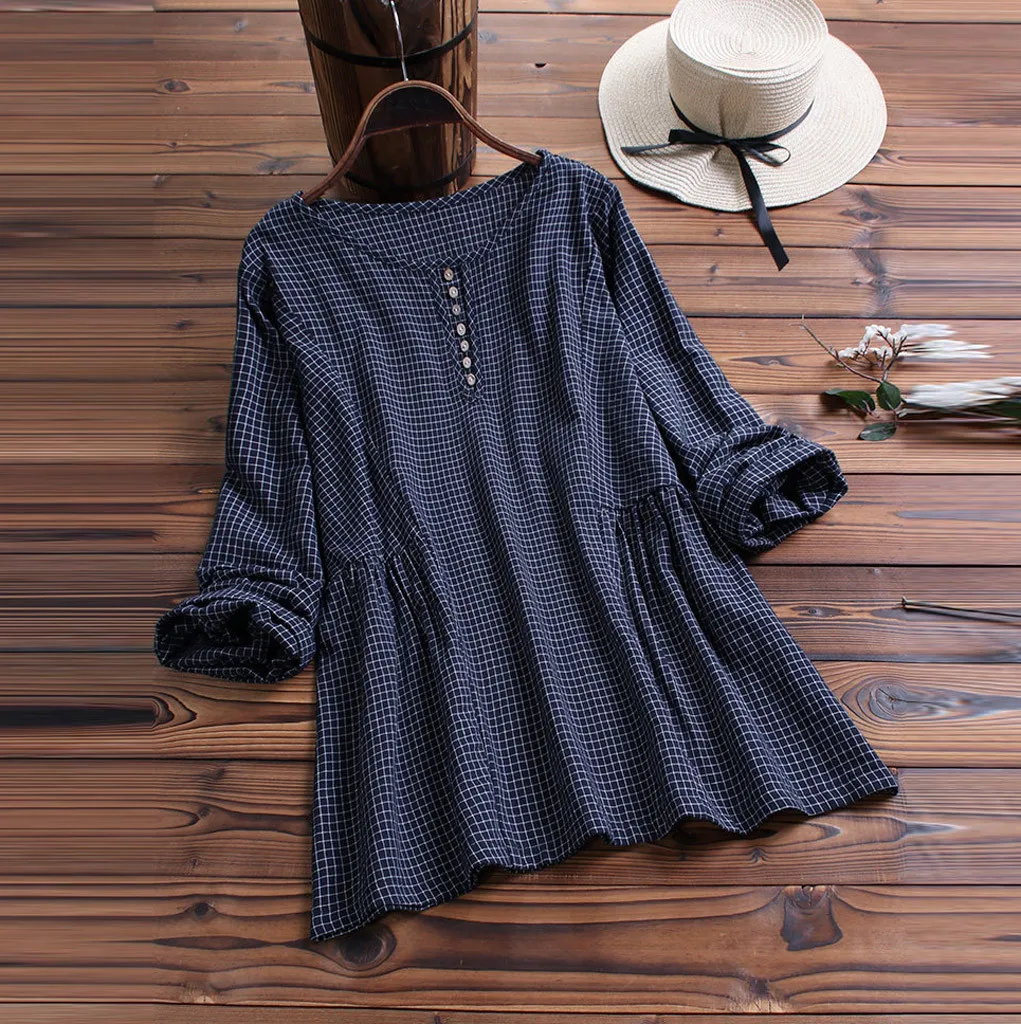 

JAYCOSIN 2019 New Summer Women Blouse Large Size Vintage Lattice Plaid Literary O-Neck Button Long Sleeves Casual Top 9041716