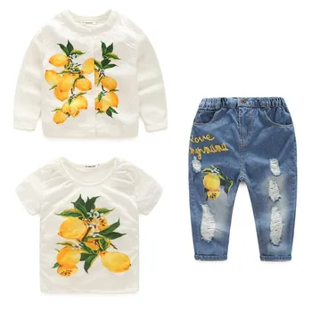 

Baby Girls Lemons Clothing Sets Kids Coat And T-Shirt And Hole Jeans Children Spring Three Piece Clothes Sets For 100-150cm