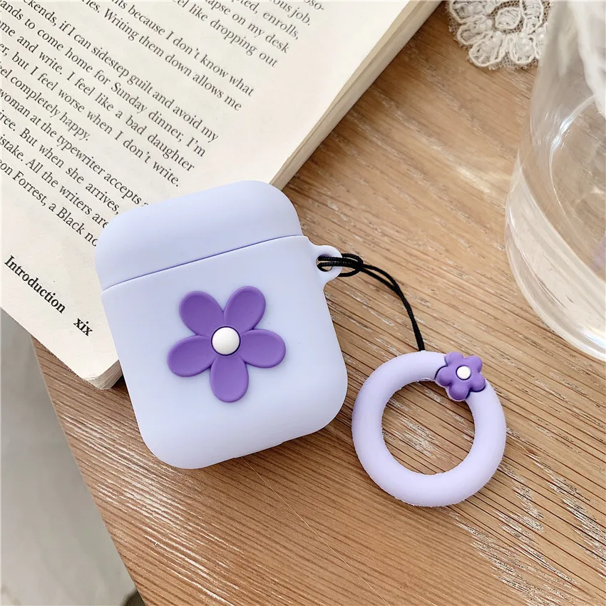 Чехол для наушников с Bluetooth для airpods, милый мультяшный чехол, силиконовый мягкий 3D чехол с кольцом на палец, цветок, Микки, Минни, Улица Сезам, сделай сам - Цвет: purple flower
