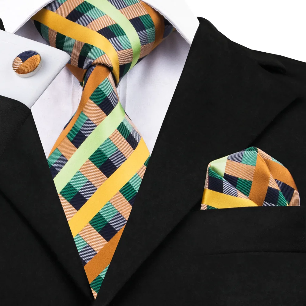 SN 1063 Green Yellow Plaid Tie Hanky Cufflinks Sets Men's 100 Silk