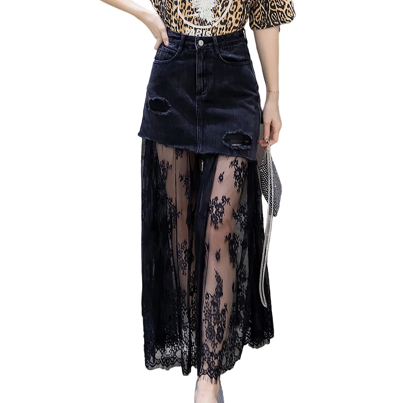 Женская джинсовая юбка макси длинная винтажная трапеция из джинсовой ткани с