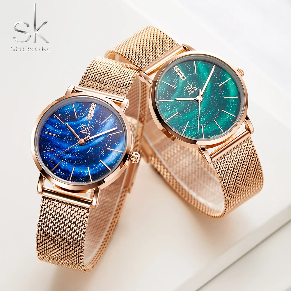 

Women Watches Shengke Starry Green Dial Reloj Muje Ladies Wristwatch Ultra-thin Stainless Steel Strap Quartz Montre Femme Gift