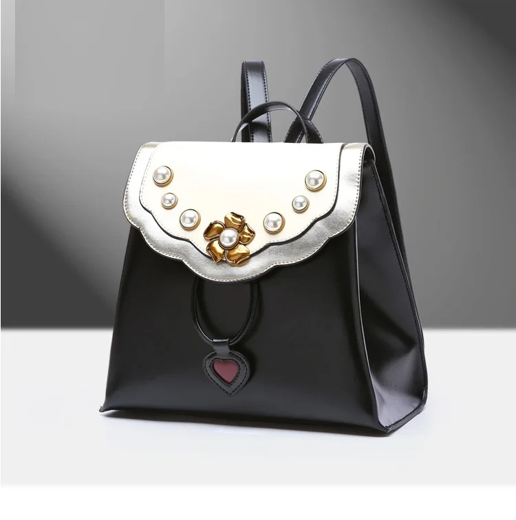 

Caker Brand 2018 Women Large Big Genuine Leather Backpack Bags Ladies Dark Blue Drawstring Bags Beading Flower Heart Backpack