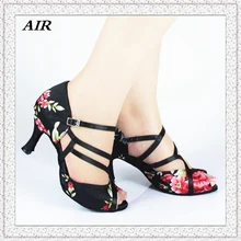 Flowers Satin Black Latin Shoes Salsa Dance Shoes Ladies Ballroom Shoes For Women Fitness Customizable High Heels