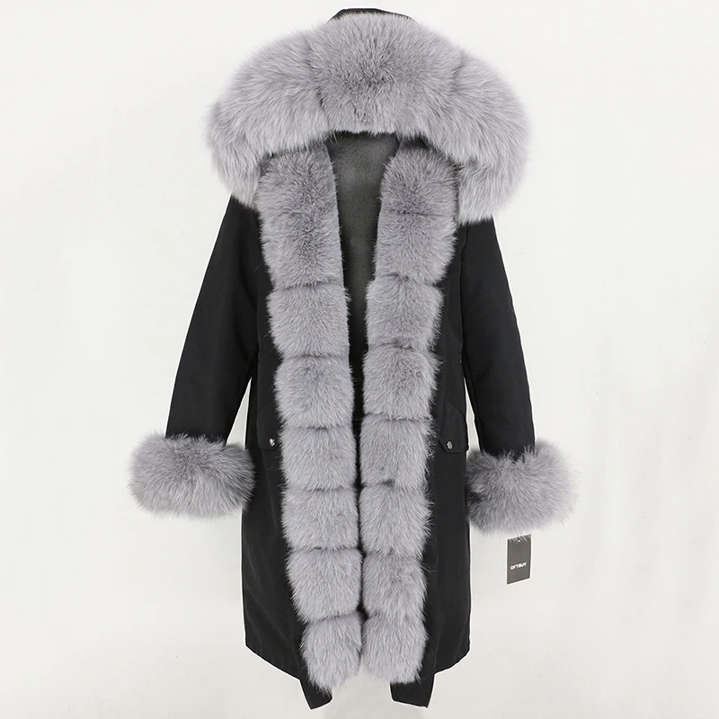 Женское пальто на меху с капюшоном OFTBUY, черная непромокаемая парка со съемным натуральным лисьим мехом на капюшоне, зима - Цвет: black grey