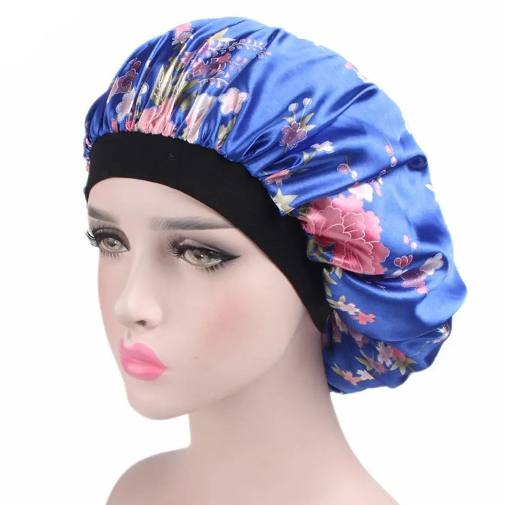 Шапки для волос милые удобные водонепроницаемые женские модные широкие атласные капот Resuable Ночная шапочка для сна женский тюрбан королевский цветок - Цвет: Blue