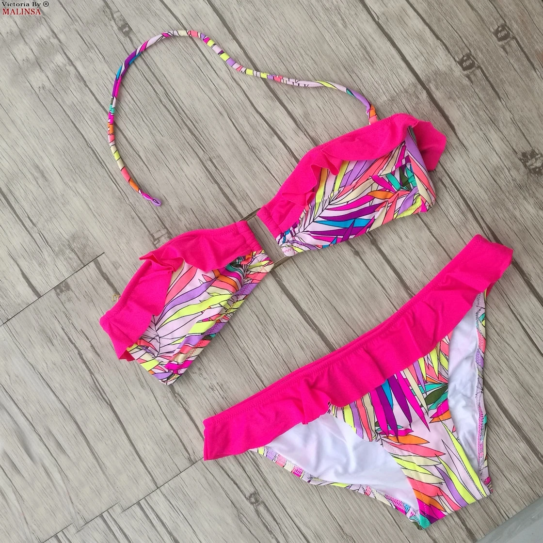 

Women Pink Flower Print Bikini Swimwear Swimsuit 2017 Biquini Bathing Suit Designs Secret Gold Metal Jewelry Bikinis Stes