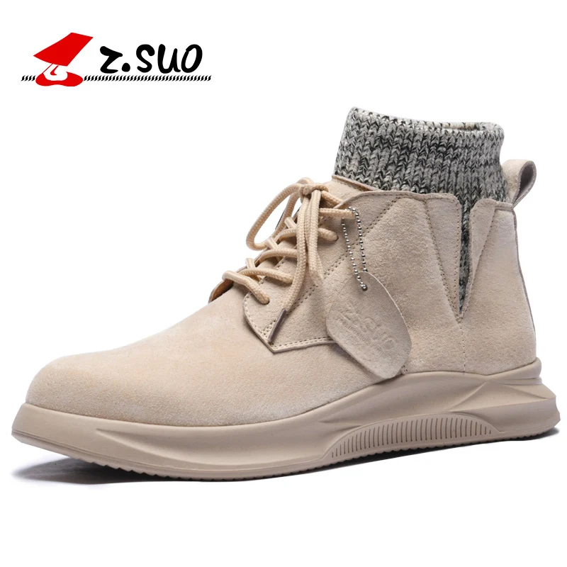 

ZSUO Men's Pig Suede Leather Casual Shoes Spring Fashion Knitting stitching Lace Up Flats High Top Sneakers Zapatos De Hombre