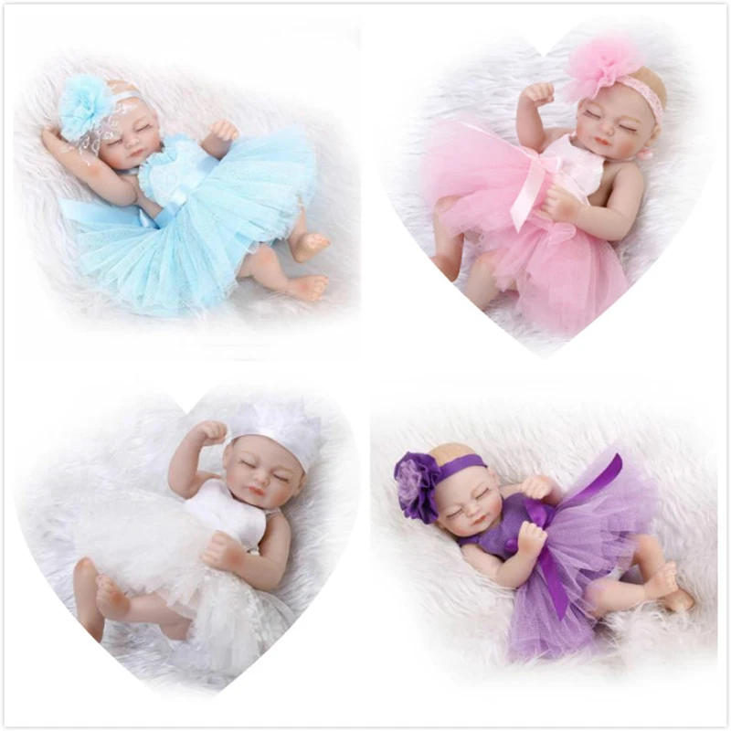 

10 Inch Full Soft Silicone Vinyl Sleeping Reborn Baby Dolls Mini Lovely Boneca Reborn New Girl Lifelike 4 color Skirt