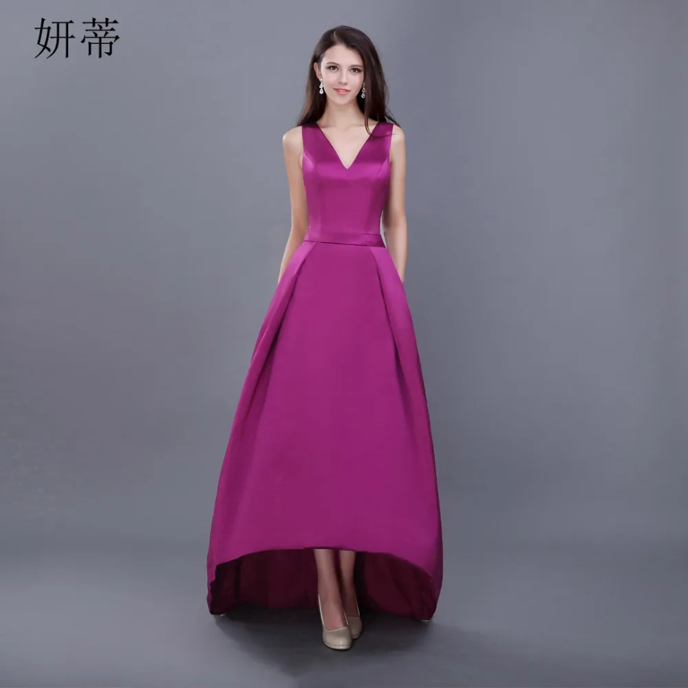 

Simple High Low Satin A Line Prom Dresses 2019 V-Neck Sashes Sleeveless Custom Made Evening Party Dress with Belt New Arrival