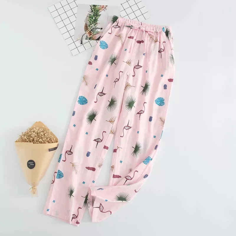 Женские штаны для сна,, марля, хлопок, цветочный принт, сетка, полоса, различные стили, штаны для сна, Мягкие штаны, домашняя одежда - Цвет: Flamingo  Pink